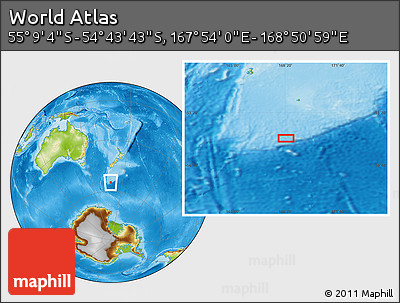 Physical Location Map of the Area around 54° 56' 24" S, 168° 22' 30" E
