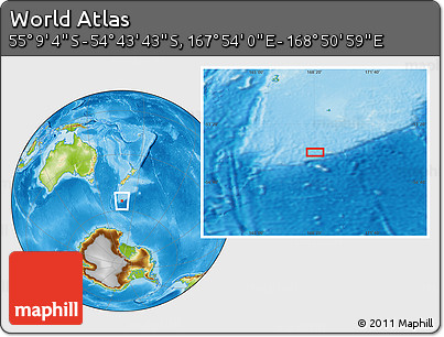 Physical Location Map of the Area around 54° 56' 24" S, 168° 22' 30" E