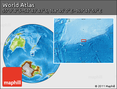 Physical Location Map of the Area around 54° 56' 24" S, 169° 13' 29" E