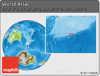 Physical Location Map of the Area around 54° 56' 24" S, 169° 13' 29" E