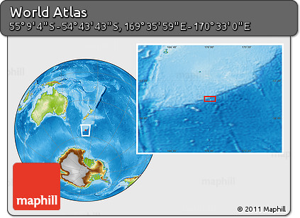 Physical Location Map of the Area around 54° 56' 24" S, 170° 4' 29" E