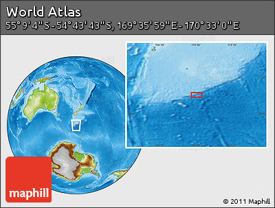 Physical Location Map of the Area around 54° 56' 24" S, 170° 4' 29" E