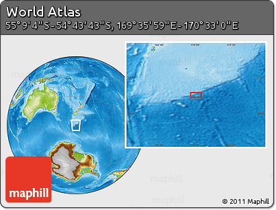 Physical Location Map of the Area around 54° 56' 24" S, 170° 4' 29" E
