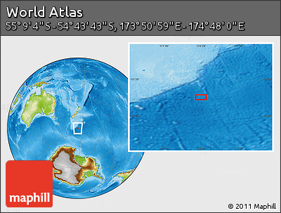 Physical Location Map of the Area around 54° 56' 24" S, 174° 19' 29" E