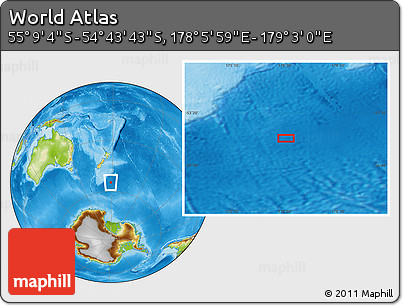 Physical Location Map of the Area around 54° 56' 24" S, 178° 34' 29" E