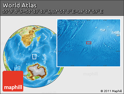 Physical Location Map of the Area around 54° 56' 24" S, 38° 19' 30" E