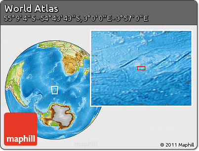 Physical Location Map of the Area around 54° 56' 24" S, 3° 28' 30" E
