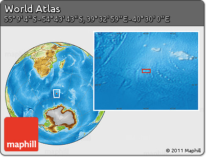 Physical Location Map of the Area around 54° 56' 24" S, 40° 1' 29" E