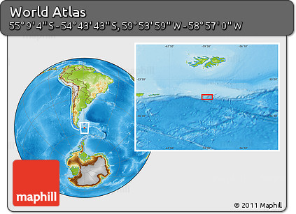Physical Location Map of the Area around 54° 56' 24" S, 59° 25' 29" W