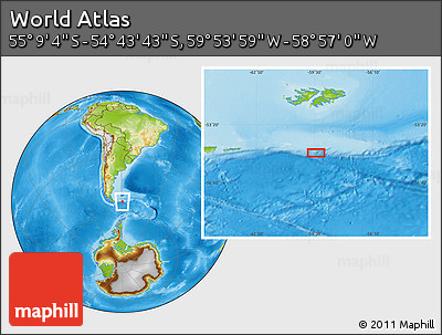 Physical Location Map of the Area around 54° 56' 24" S, 59° 25' 29" W