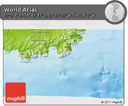Physical 3D Map of the Area around 54° 56' 24" S, 65° 22' 30" W