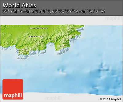 Physical 3D Map of the Area around 54° 56' 24" S, 65° 22' 30" W
