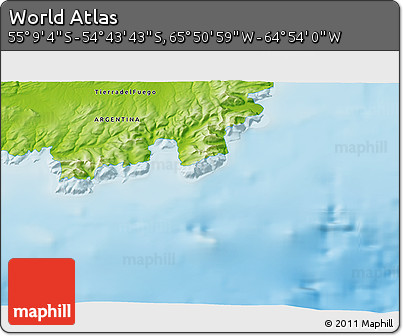 Physical 3D Map of the Area around 54° 56' 24" S, 65° 22' 30" W