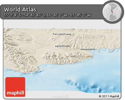 Shaded Relief 3D Map of the Area around 54° 56' 24" S, 66° 13' 29" W
