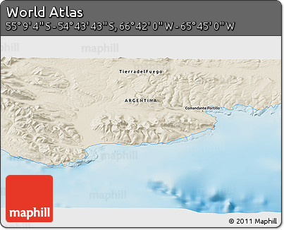 Shaded Relief 3D Map of the Area around 54° 56' 24" S, 66° 13' 29" W