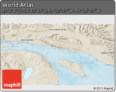 Shaded Relief 3D Map of the Area around 54° 56' 24" S, 67° 4' 29" W