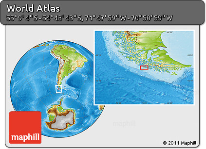 Physical Location Map of the Area around 54° 56' 24" S, 71° 19' 29" W