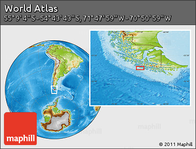 Physical Location Map of the Area around 54° 56' 24" S, 71° 19' 29" W
