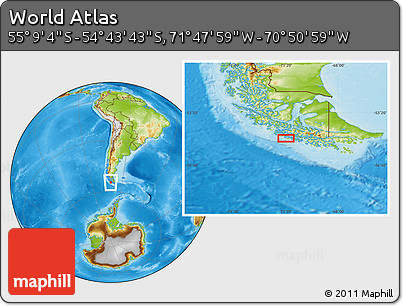 Physical Location Map of the Area around 54° 56' 24" S, 71° 19' 29" W