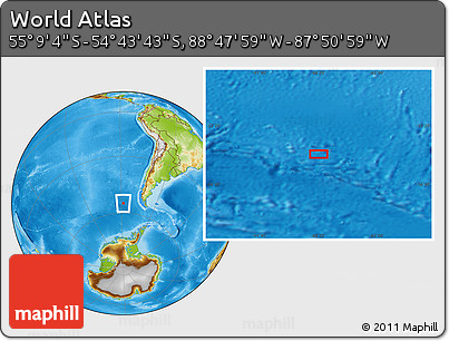 Physical Location Map of the Area around 54° 56' 24" S, 88° 19' 29" W