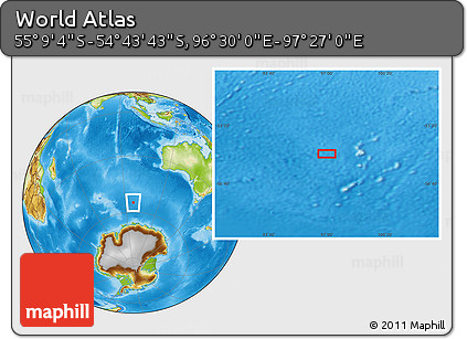 Physical Location Map of the Area around 54° 56' 24" S, 96° 58' 29" E
