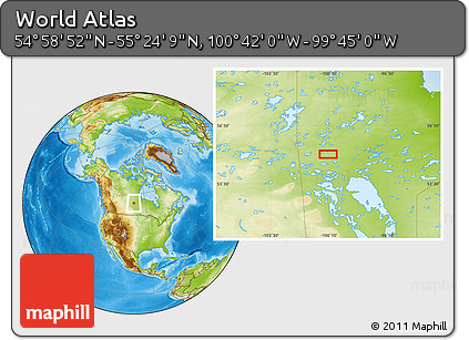 Physical Location Map of the Area around 55° 11' 31" N, 100° 13' 29" W