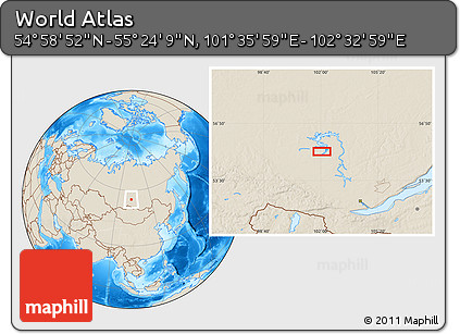 Shaded Relief Location Map of the Area around 55° 11' 31" N, 102° 4' 29" E