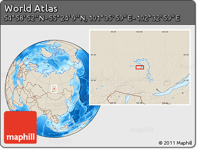 Shaded Relief Location Map of the Area around 55° 11' 31" N, 102° 4' 29" E