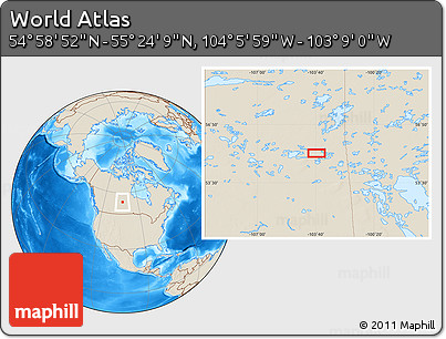 Shaded Relief Location Map of the Area around 55° 11' 31" N, 103° 37' 30" W