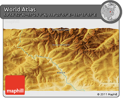 Physical 3D Map of the Area around 55° 11' 31" N, 114° 49' 29" E