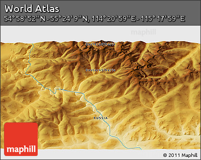 Physical 3D Map of the Area around 55° 11' 31" N, 114° 49' 29" E