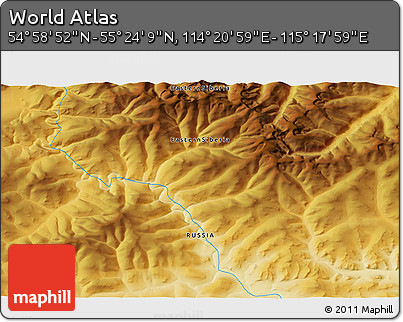 Physical 3D Map of the Area around 55° 11' 31" N, 114° 49' 29" E