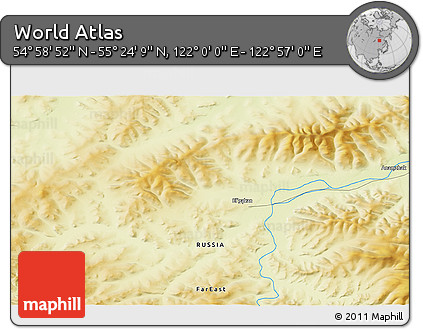Physical 3D Map of the Area around 55° 11' 31" N, 122° 28' 29" E