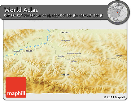 Physical 3D Map of the Area around 55° 11' 31" N, 123° 19' 29" E