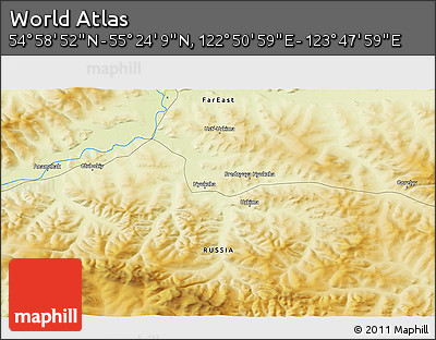 Physical 3D Map of the Area around 55° 11' 31" N, 123° 19' 29" E