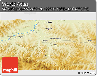 Physical 3D Map of the Area around 55° 11' 31" N, 123° 19' 29" E
