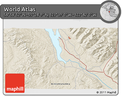 Shaded Relief 3D Map of the Area around 55° 11' 31" N, 123° 10' 30" W