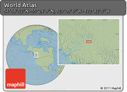 Savanna Style Location Map of the Area around 55° 11' 31" N, 123° 10' 30" W, hill shading