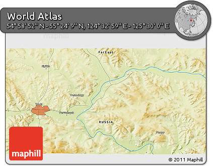 Physical 3D Map of the Area around 55° 11' 31" N, 125° 1' 30" E