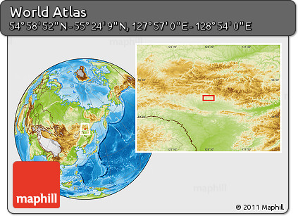 Physical Location Map of the Area around 55° 11' 31" N, 128° 25' 30" E