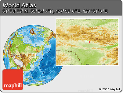 Physical Location Map of the Area around 55° 11' 31" N, 128° 25' 30" E