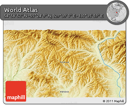 Physical 3D Map of the Area around 55° 11' 31" N, 130° 7' 30" E