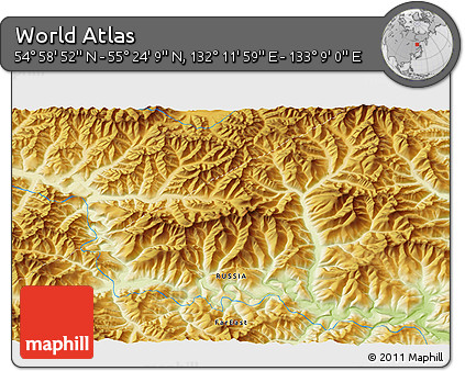 Physical 3D Map of the Area around 55° 11' 31" N, 132° 40' 30" E