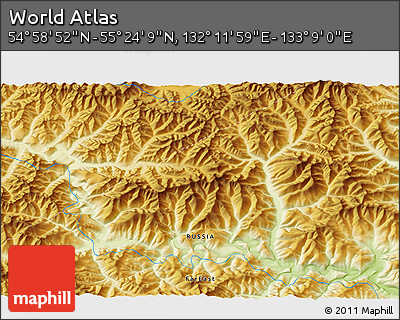 Physical 3D Map of the Area around 55° 11' 31" N, 132° 40' 30" E
