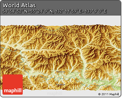 Physical 3D Map of the Area around 55° 11' 31" N, 132° 40' 30" E