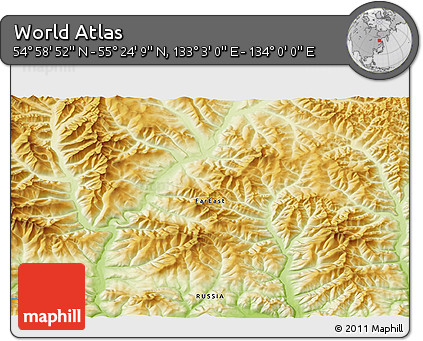 Physical 3D Map of the Area around 55° 11' 31" N, 133° 31' 30" E