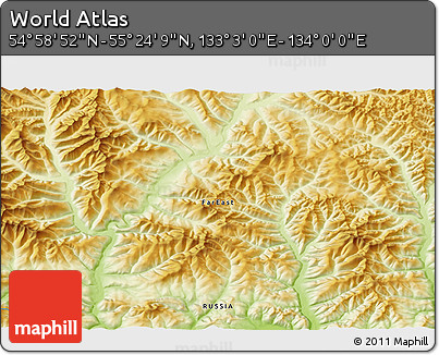 Physical 3D Map of the Area around 55° 11' 31" N, 133° 31' 30" E