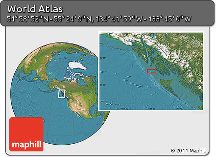 Satellite Location Map of the Area around 55° 11' 31" N, 134° 13' 29" W