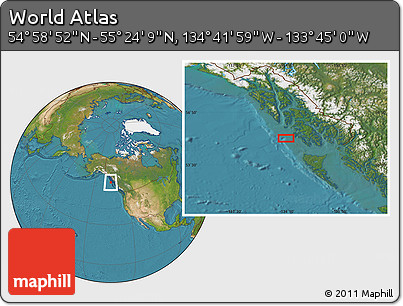 Satellite Location Map of the Area around 55° 11' 31" N, 134° 13' 29" W
