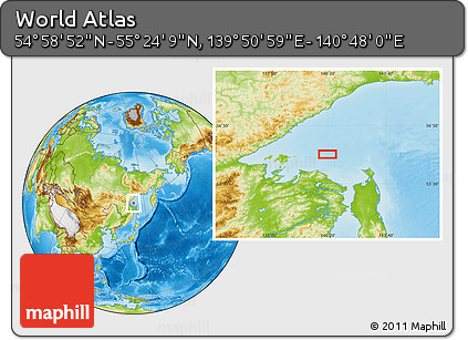 Physical Location Map of the Area around 55° 11' 31" N, 140° 19' 29" E